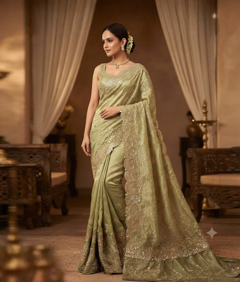 Light pista green saree with gota patti work, light zardozi detailing and a scalloped border