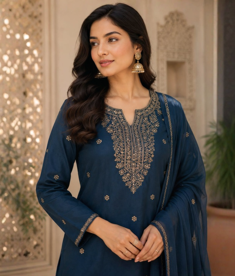 Peacock Blue Chanderi Silk Suit with Zardozi & Sequin Work & Chanderi Silk Dupatta