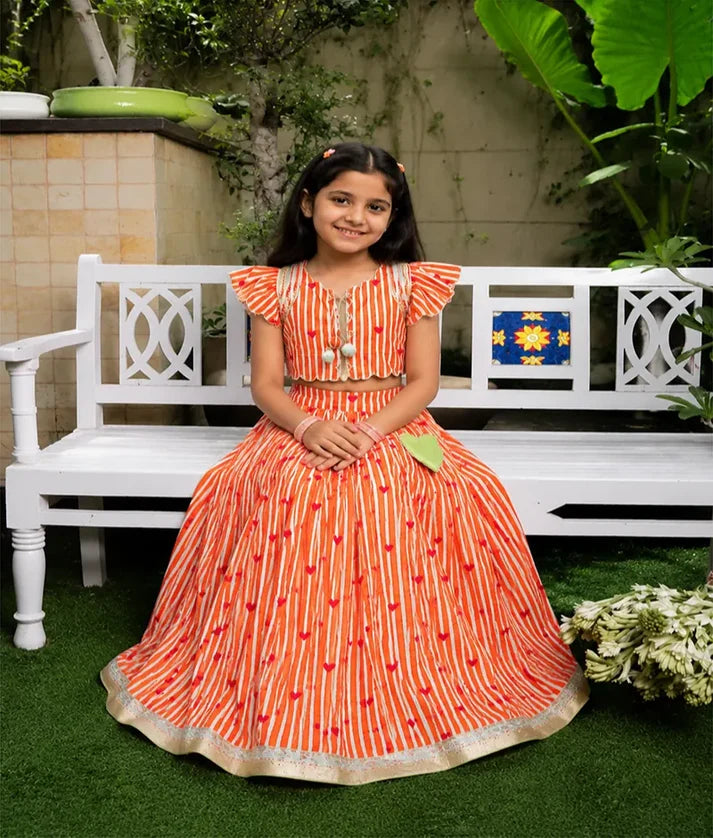 Orange Heart & Stripe Printed Lehenga Set