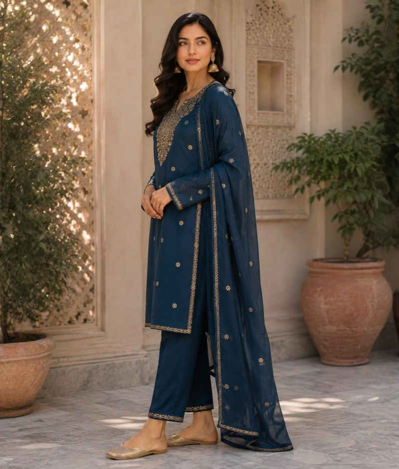 Peacock Blue Chanderi Silk Suit with Zardozi & Sequin Work & Chanderi Silk Dupatta