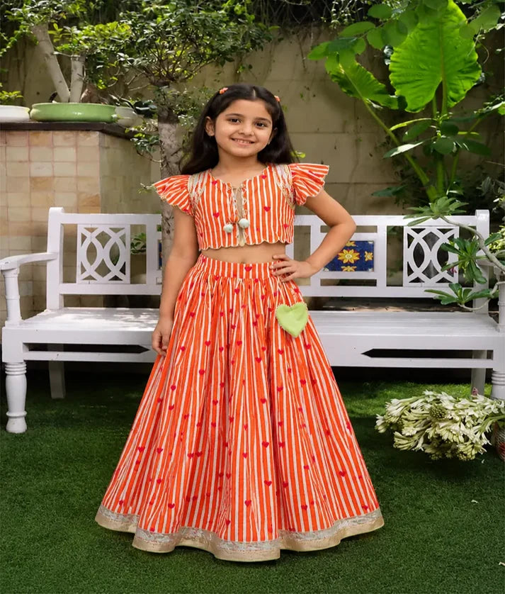 Orange Heart & Stripe Printed Lehenga Set