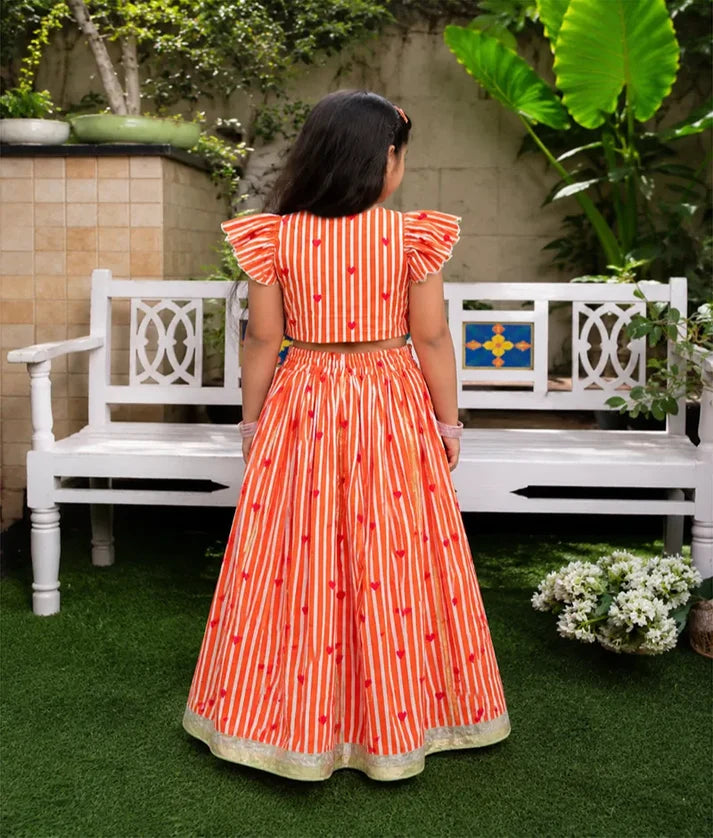 Orange Heart & Stripe Printed Lehenga Set
