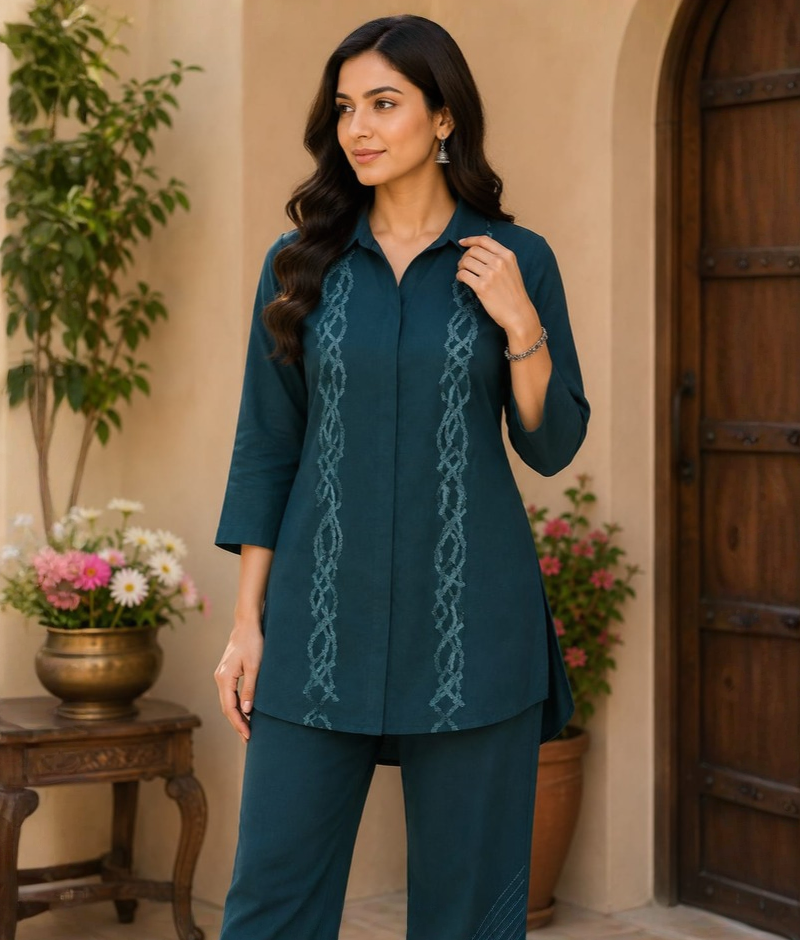Rama Green Cotton Co-ord Set with Thread Work