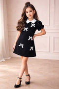 Elegant Black Bow Embellished Girls Party Dress | Classic Black & White Festive Wear for Kids