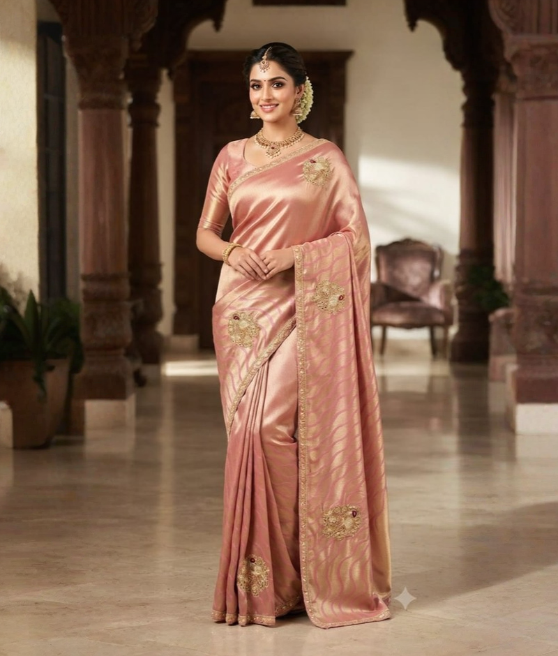 Golden and pink saree with decorative motifs and moti, gota patti and katdana work