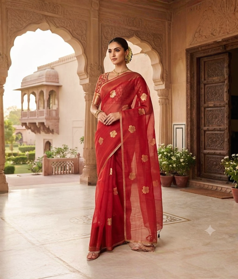Red organza saree with golden floral zari motifs and a fine border