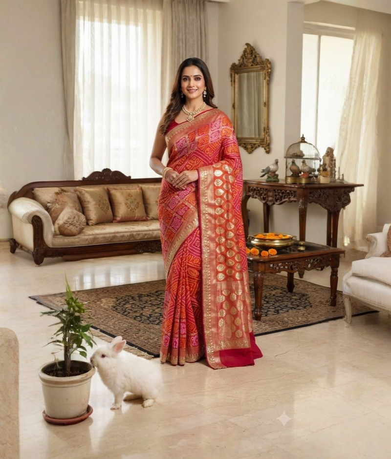 Red bandhani ghatchola saree with a broad golden-toned border and decorative pallu