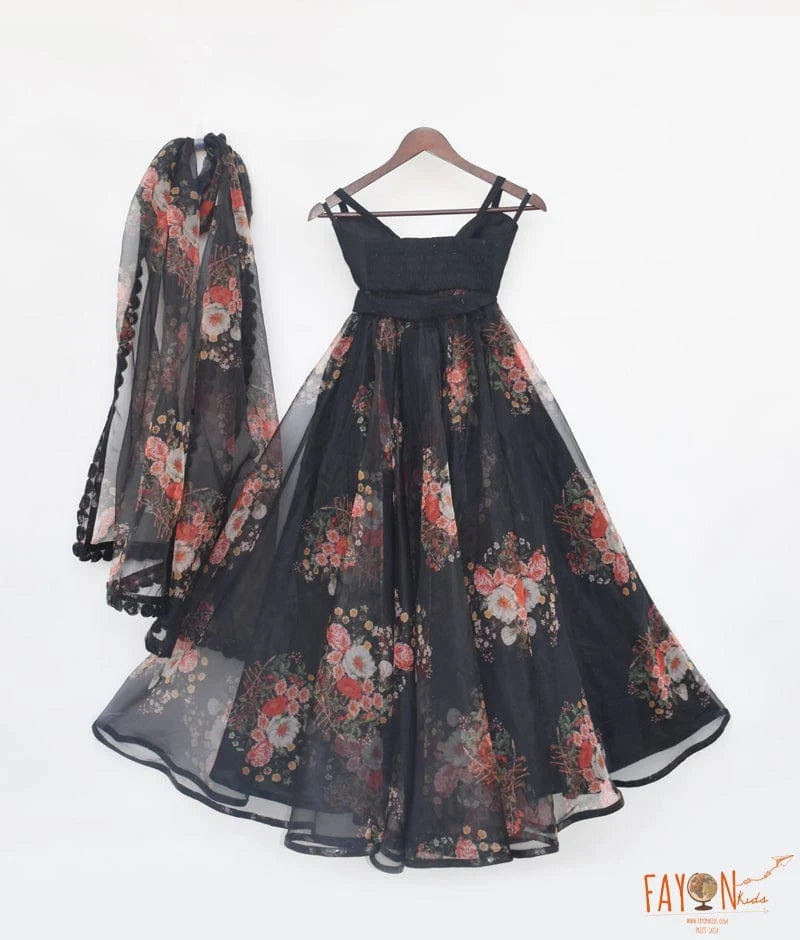 Black Crop Top with Printed Skirt