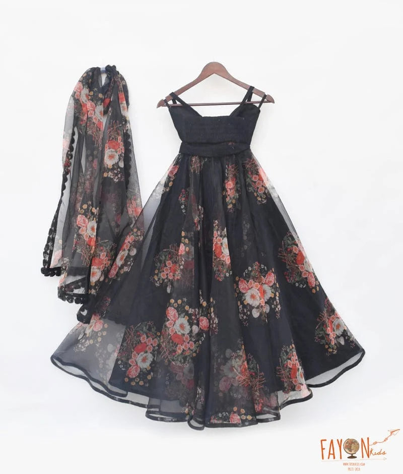 Black Crop Top with Printed Skirt