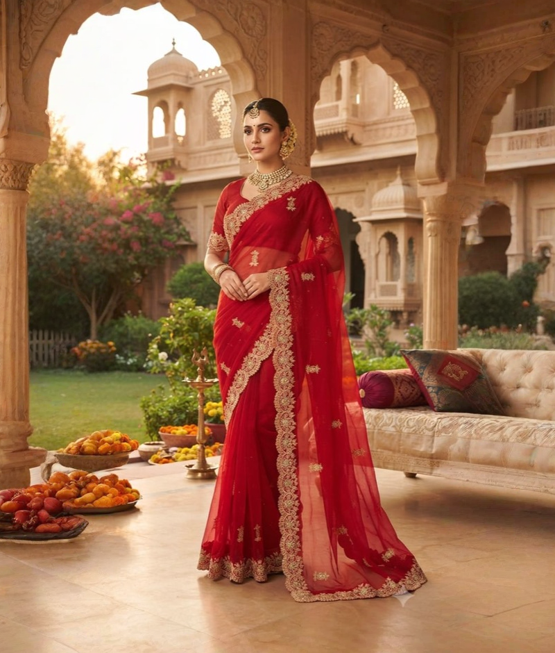 Red organza saree with zardozi and thread work, a scalloped border and scattered motifs