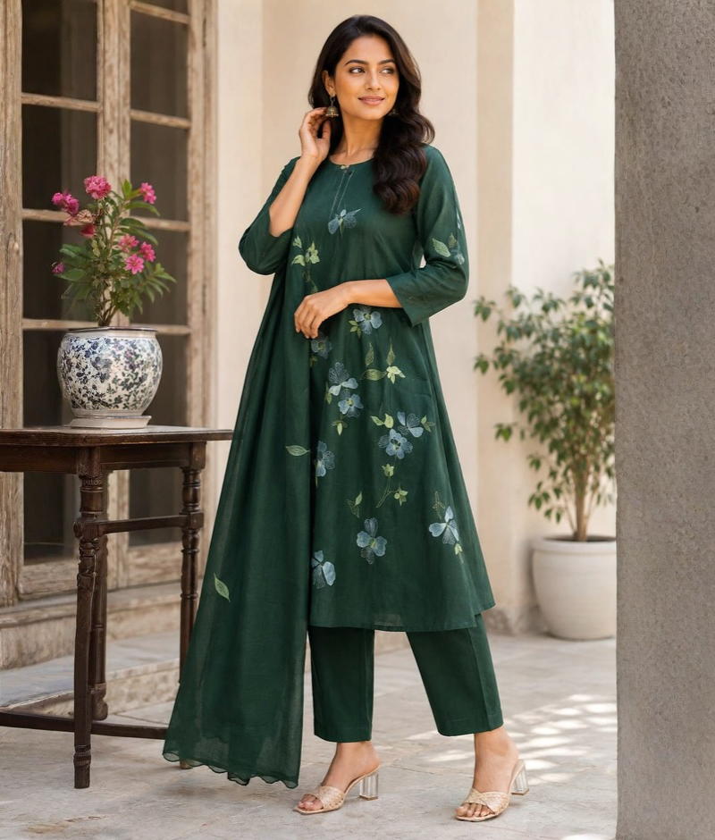 Emerald Green Chanderi Silk Applique & Thread Work Pant Set with Mull Cotton Dupatta – 5XL