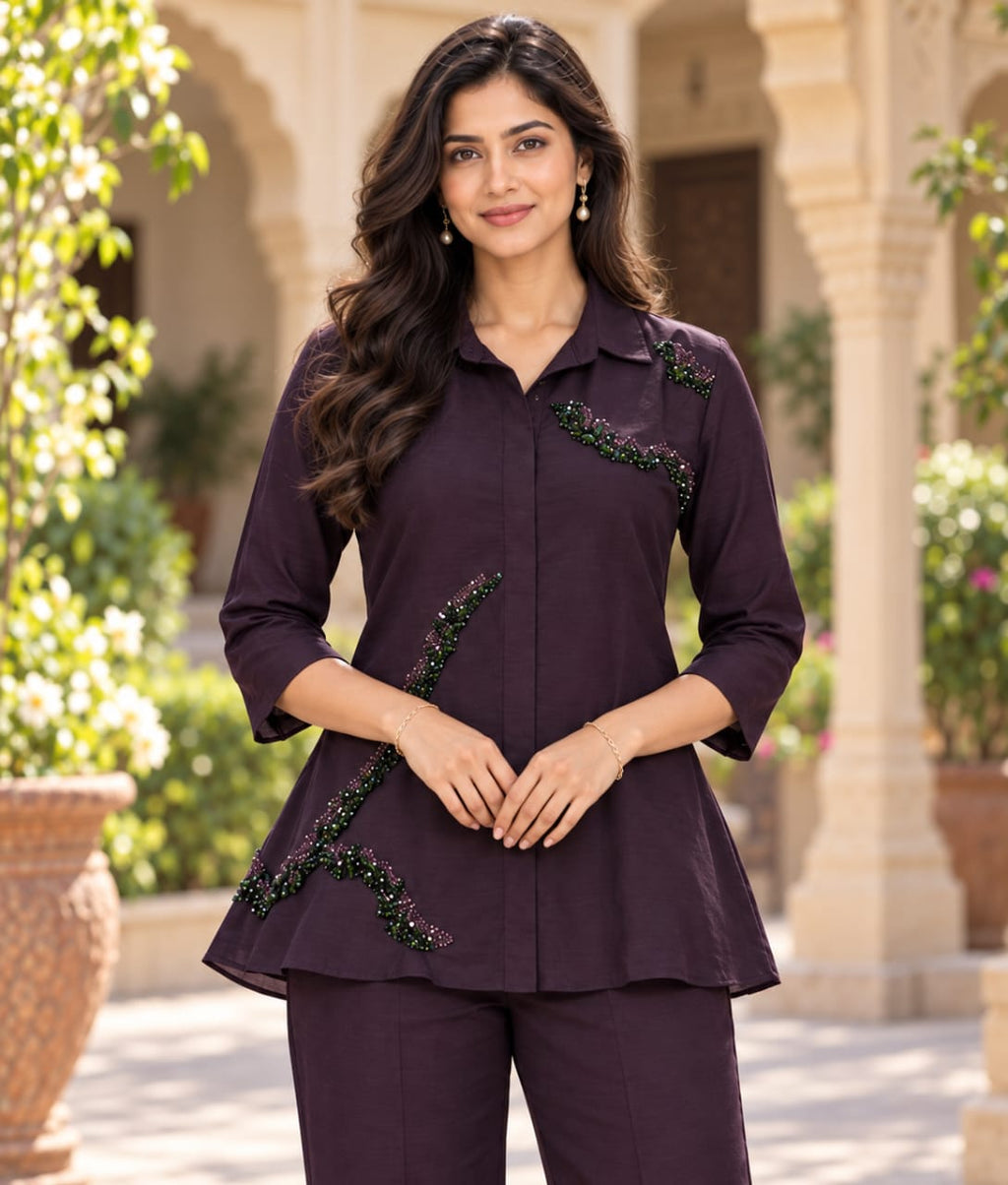 Dark Purple Organza Co-ord Set with Pearl & Stone Moti Work