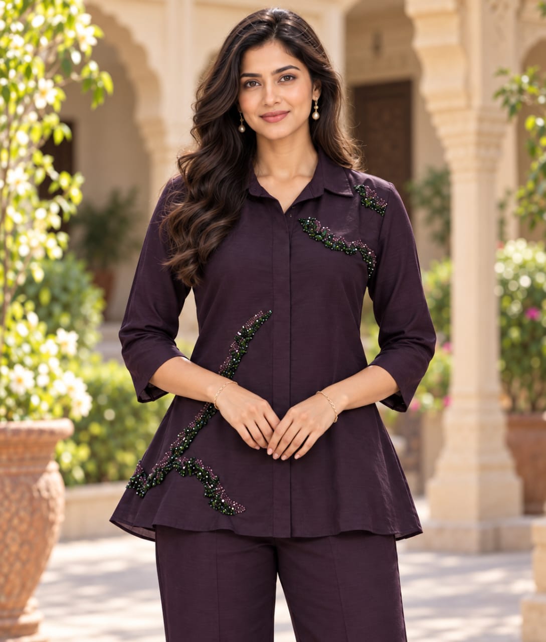 Dark Purple Organza Co-ord Set with Pearl & Stone Moti Work