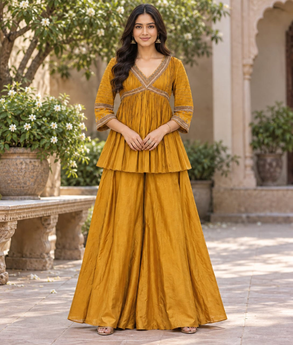 Yellow Silk Palazzo Set with Zardozi Work