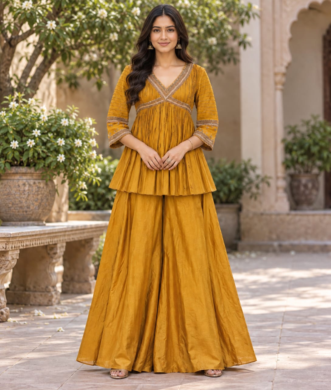 Yellow Silk Palazzo Set with Zardozi Work