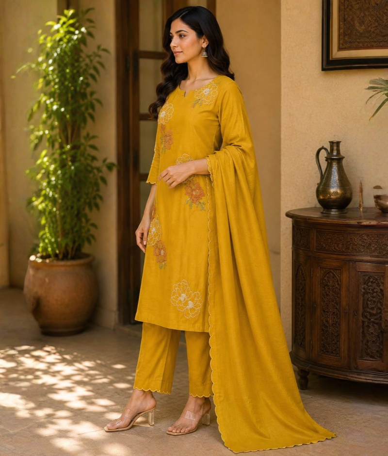 Yellow Mull Cotton Suit with Thread Work
