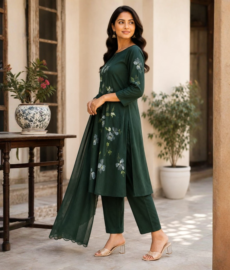 Emerald Green Chanderi Silk Applique & Thread Work Pant Set with Mull Cotton Dupatta – 5XL