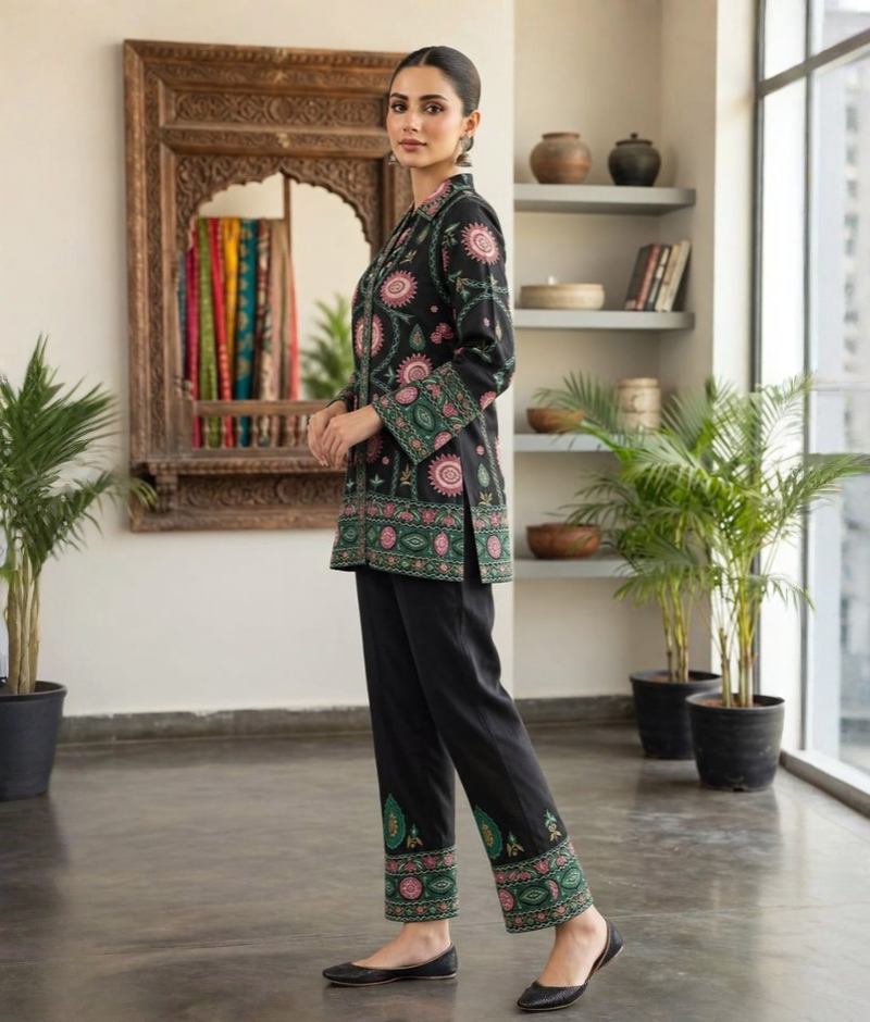 Black Chanderi Silk Thread Work Coord Set