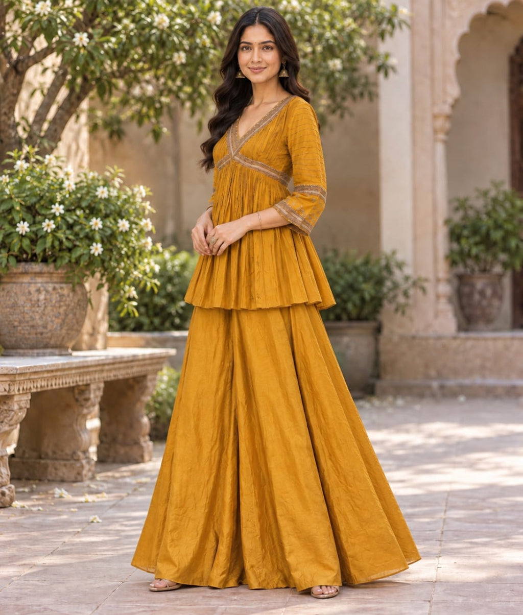 Yellow Silk Palazzo Set with Zardozi Work