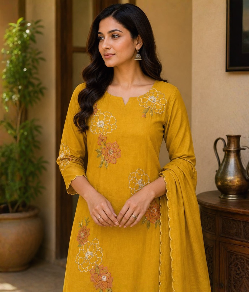 Yellow Mull Cotton Suit with Thread Work