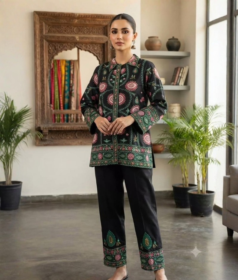 Black Chanderi Silk Thread Work Coord Set