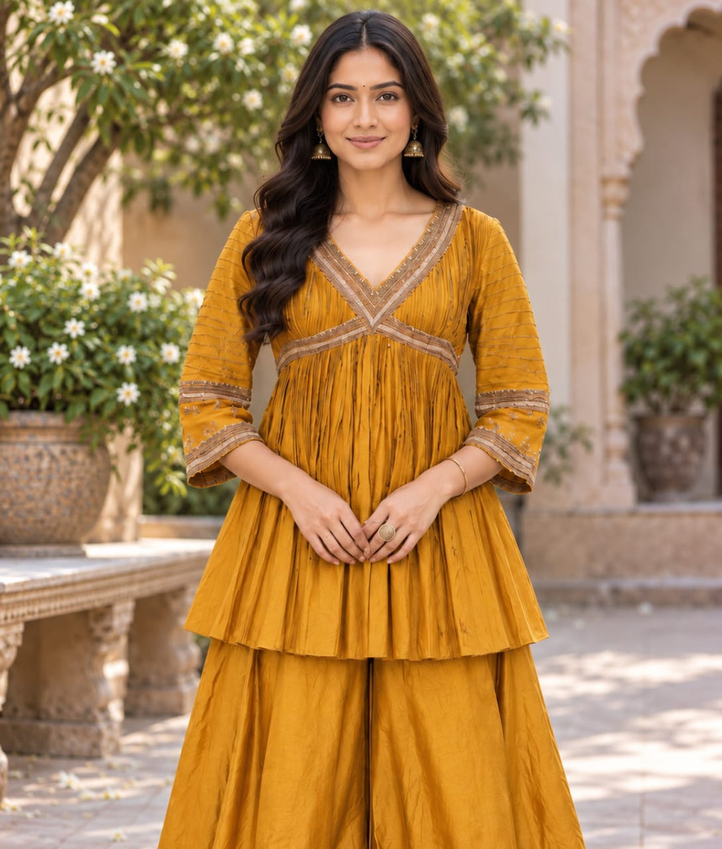 Yellow Silk Palazzo Set with Zardozi Work