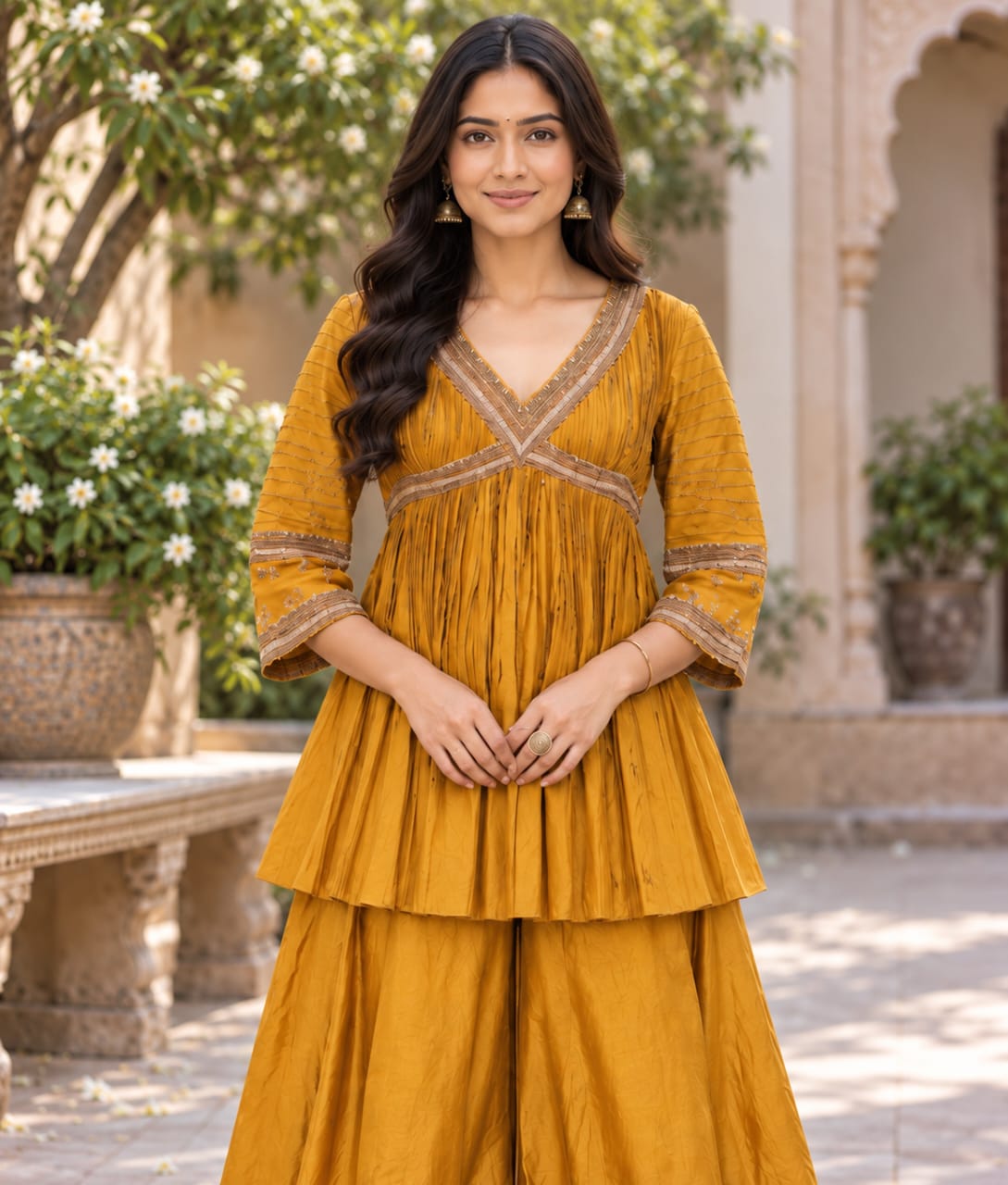 Yellow Silk Palazzo Set with Zardozi Work