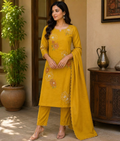 Yellow Mull Cotton Suit with Thread Work
