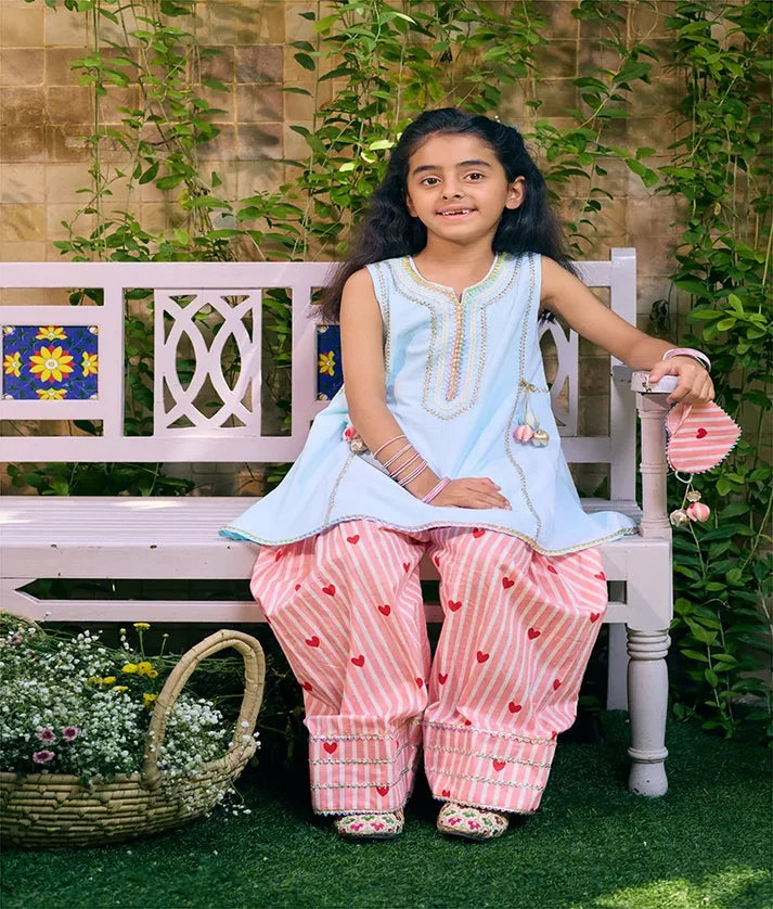 Blue Kurti with Heart Printed Farshi Salwar