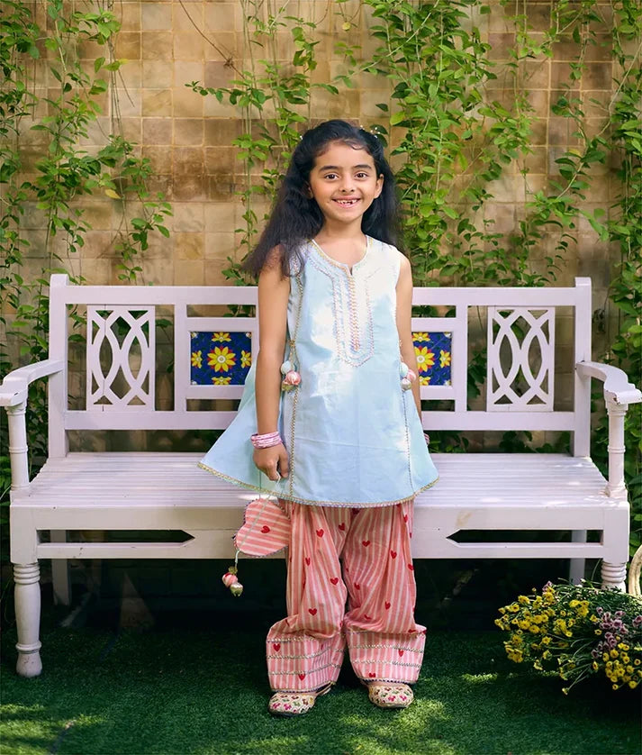 Blue Kurti with Heart Printed Farshi Salwar