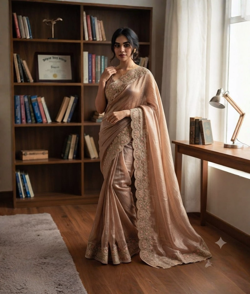 Golden pink tissue saree with zardozi work and scalloped border