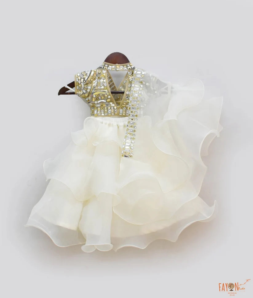 Golden Net Off-White Organza Embroidery Lehenga Set