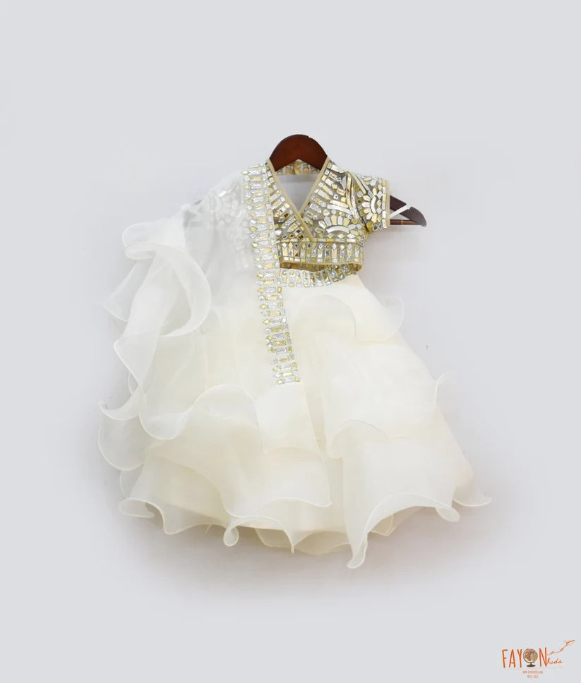 Golden Net Off-White Organza Embroidery Lehenga Set