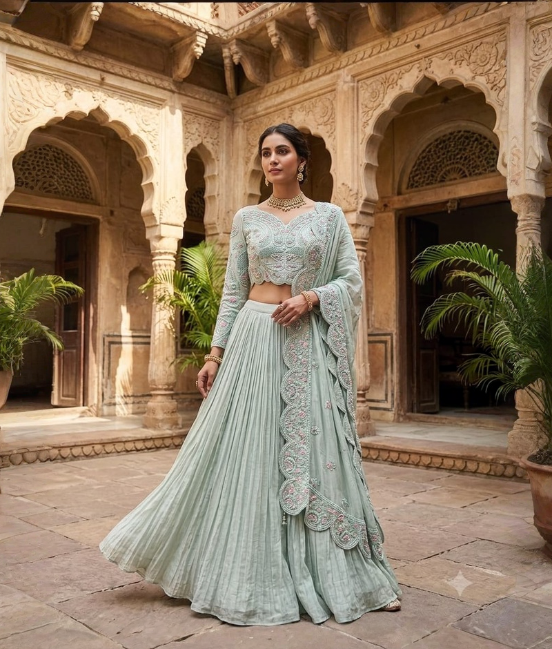 Sky Blue Modal Silk Lehenga with Palla & Thread Work & Attached Dupatta