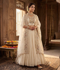 Beige Organza Indo-Western Ghaghra with Thread & Zardozi Work & Jacket Dupatta