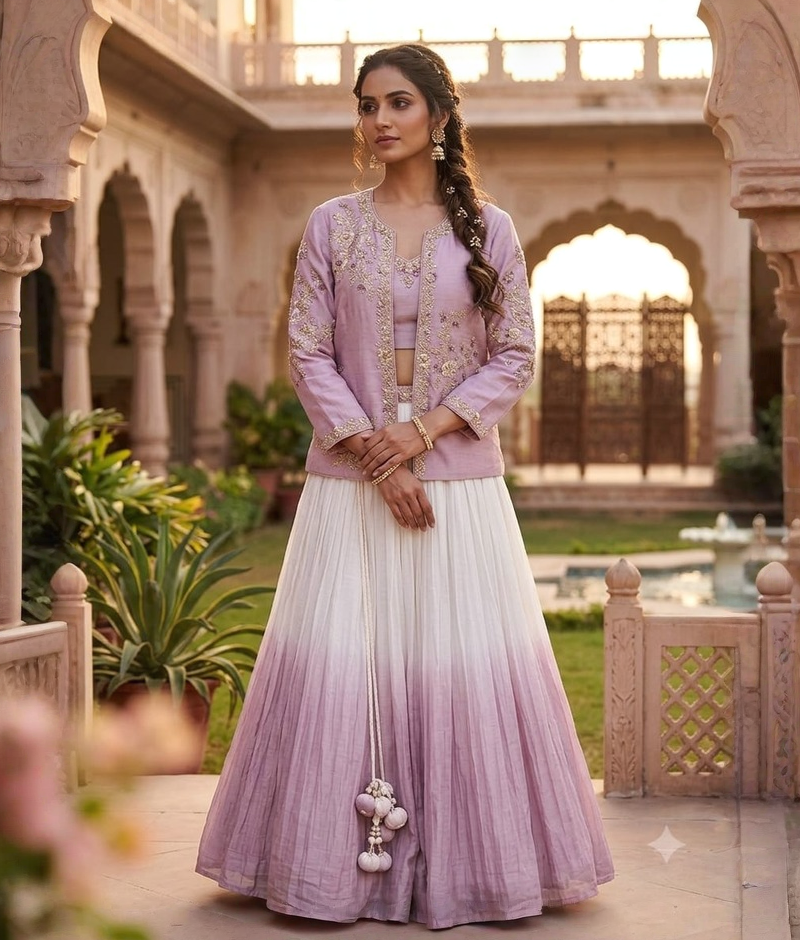 Light Purple & White Silk Lehenga with Gota & Zardozi Work