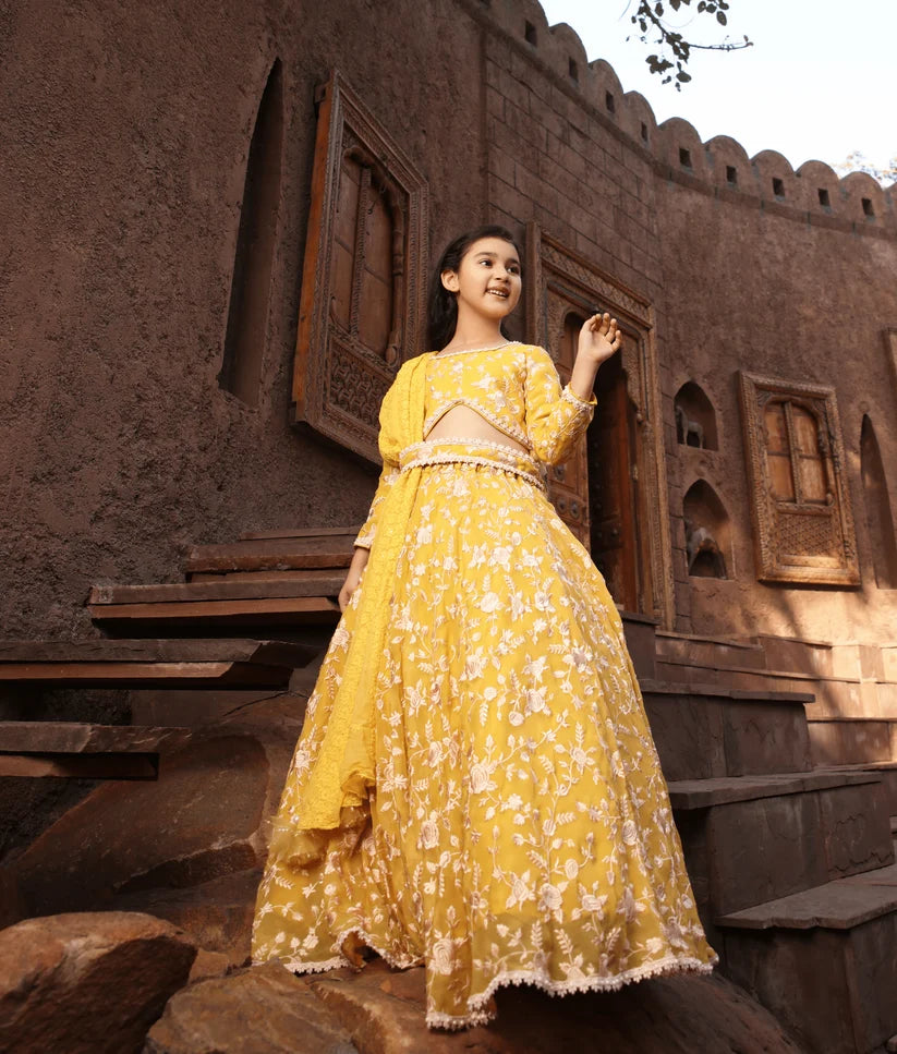Yellow Parsi Work Lehenga Set