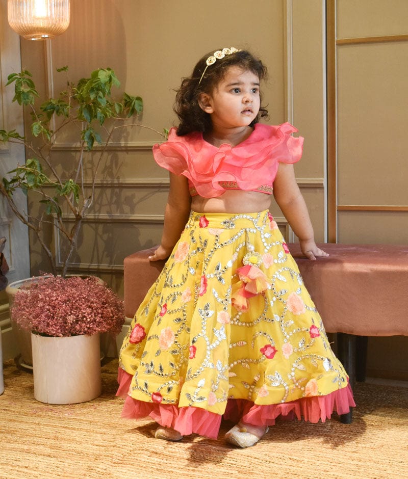 Pink Organza Frill Top & Yellow Embroidery Lehenga