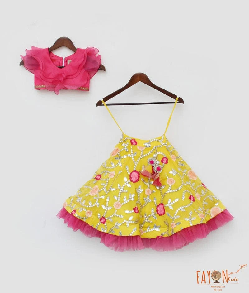 Pink Organza Frill Top & Yellow Embroidery Lehenga