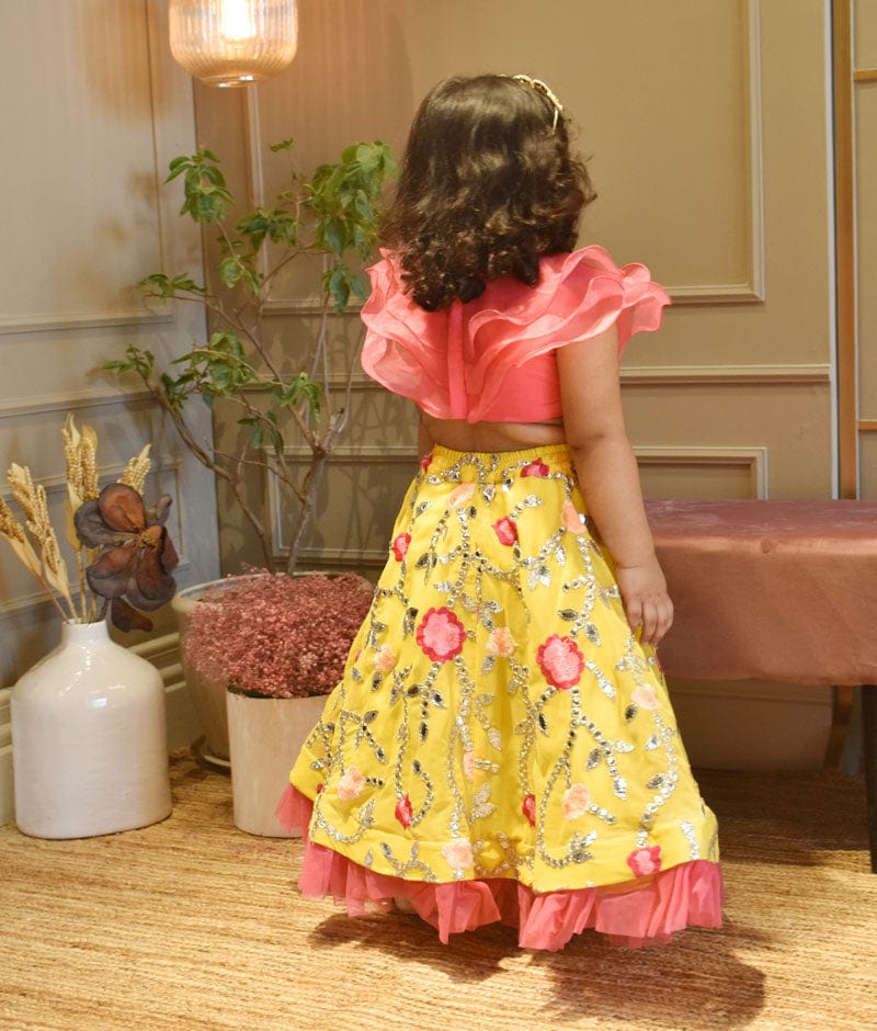 Pink Organza Frill Top & Yellow Embroidery Lehenga