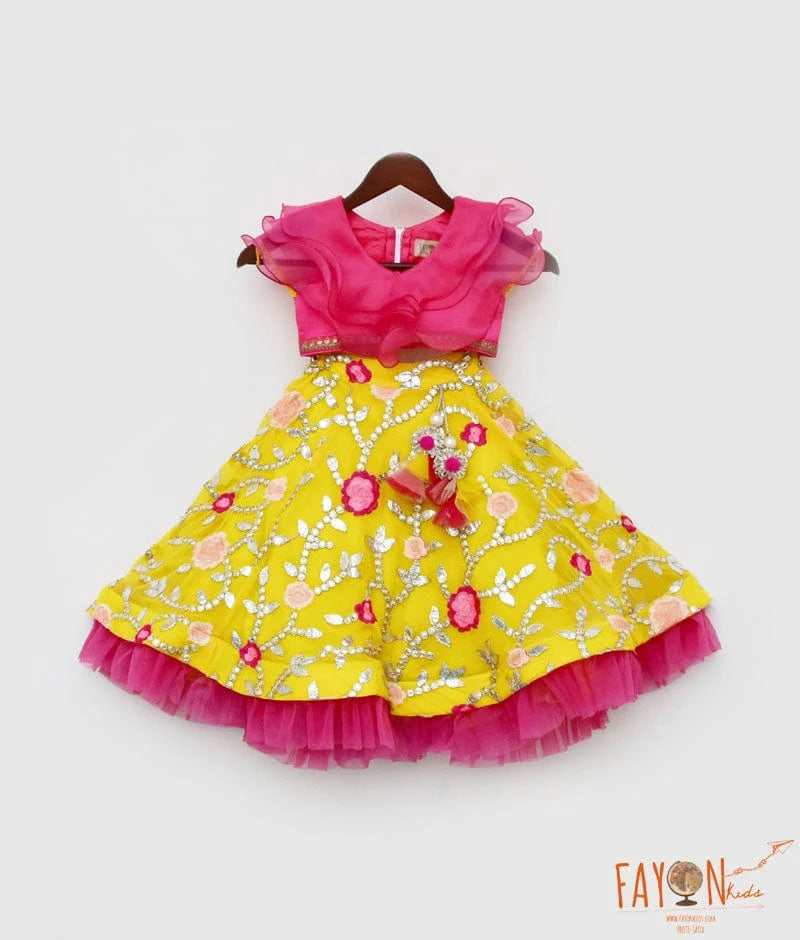 Pink Organza Frill Top & Yellow Embroidery Lehenga
