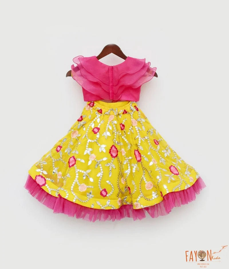 Pink Organza Frill Top & Yellow Embroidery Lehenga