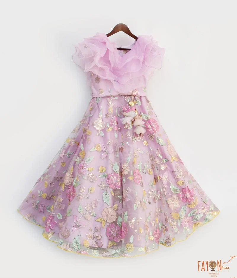 Lilac Embroidery Lehenga & Organza Frill Top