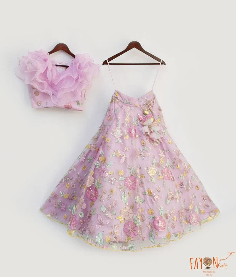 Lilac Embroidery Lehenga & Organza Frill Top