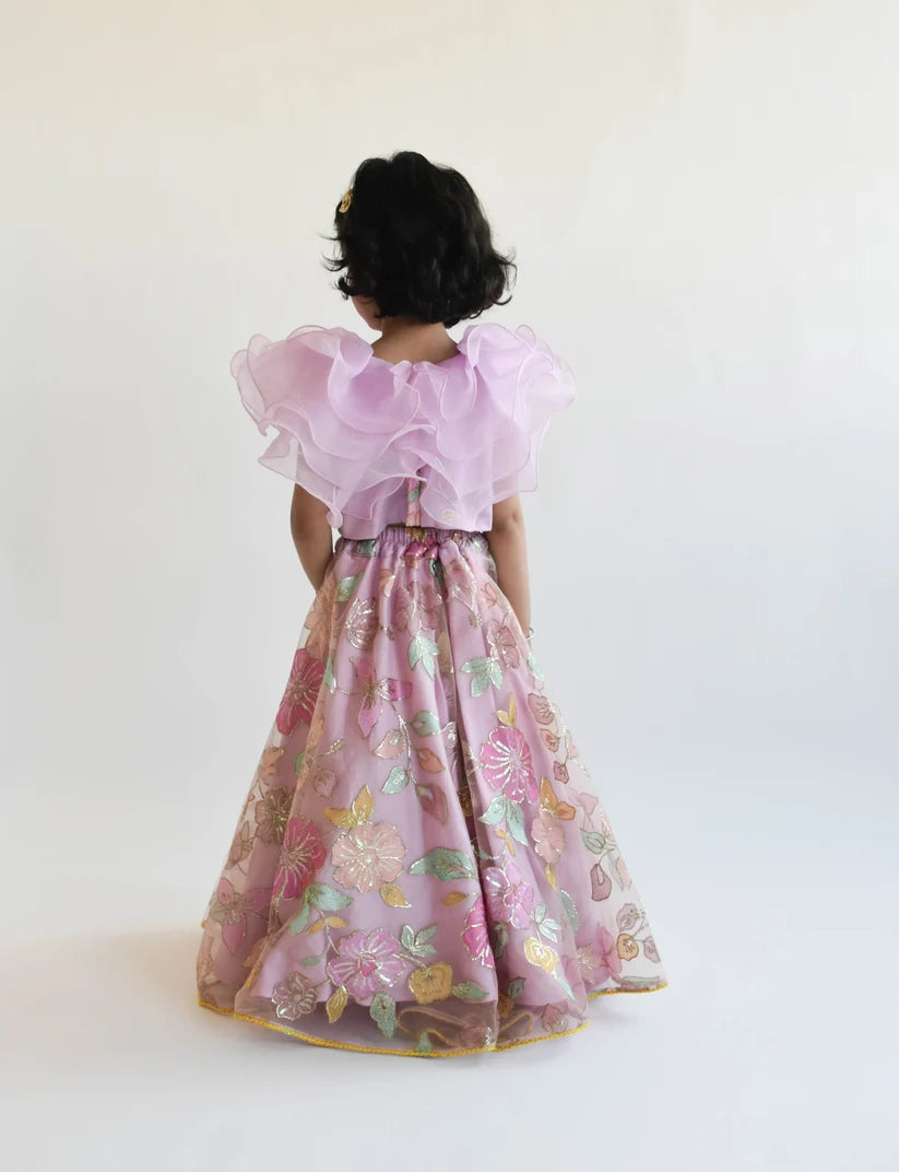 Lilac Embroidery Lehenga & Organza Frill Top