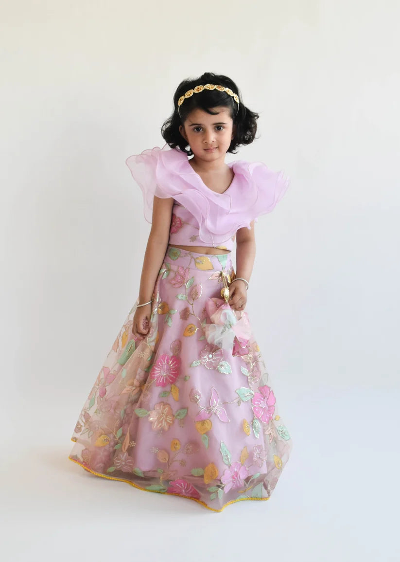 Lilac Embroidery Lehenga & Organza Frill Top