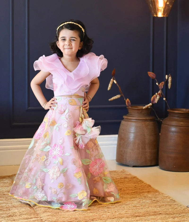 Lilac Embroidery Lehenga & Organza Frill Top