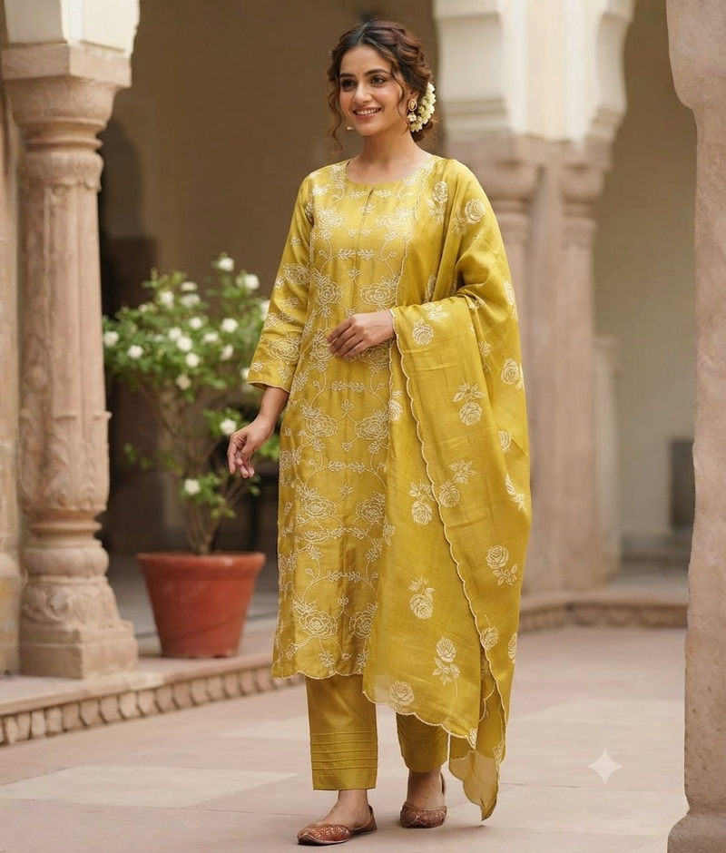 Yellow Chanderi Silk Suit with Palla Work & Printed Chanderi Silk Dupatta