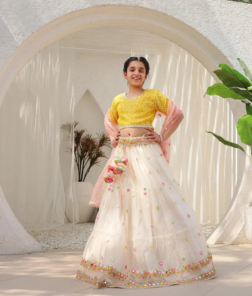 YELLOW MIRROR EMBROIDERED CHOLI WITH LEHENGA