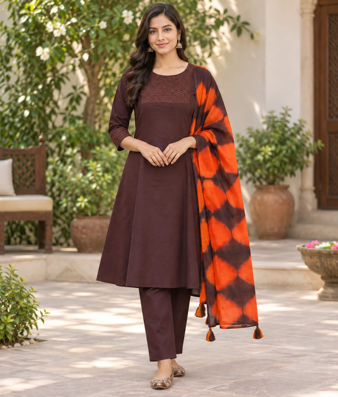 Coffee Chanderi Silk Suit with Thread Work & Cotton Dupatta
